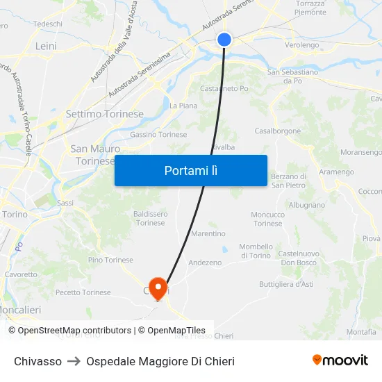 Chivasso to Ospedale Maggiore Di Chieri map