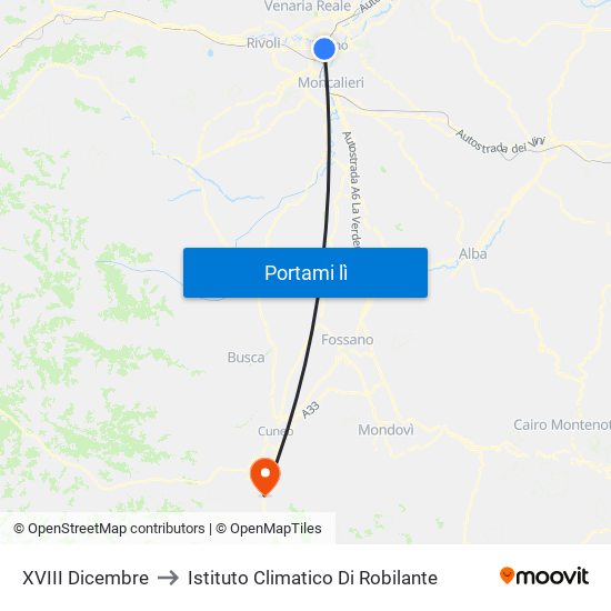 XVIII Dicembre to Istituto Climatico Di Robilante map