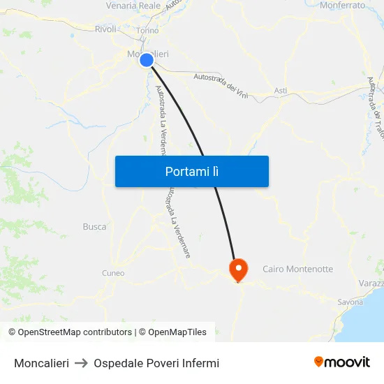 Moncalieri to Ospedale Poveri Infermi map