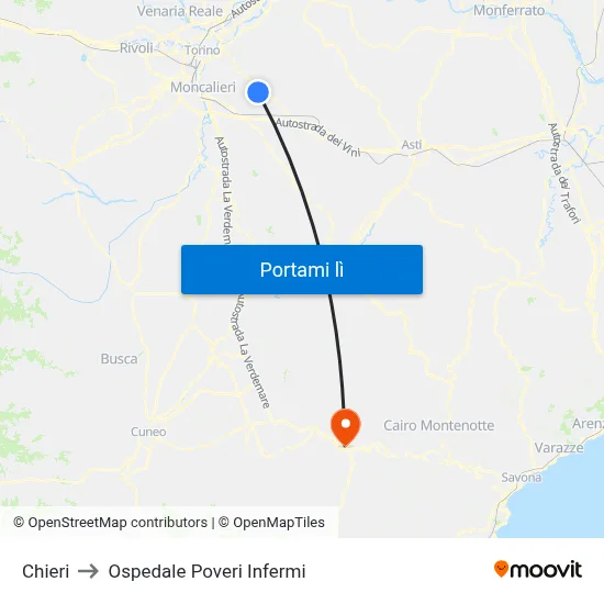 Chieri to Ospedale Poveri Infermi map