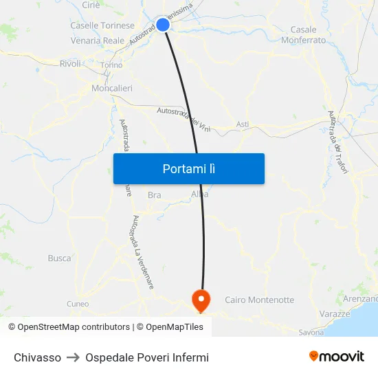 Chivasso to Ospedale Poveri Infermi map