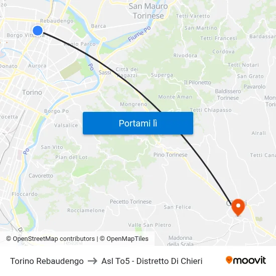 Torino Rebaudengo to Asl To5 - Distretto Di Chieri map