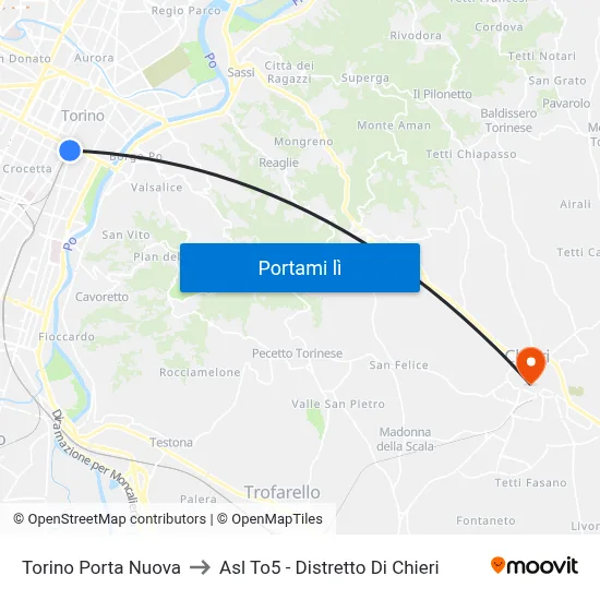 Torino Porta Nuova to Asl To5 - Distretto Di Chieri map