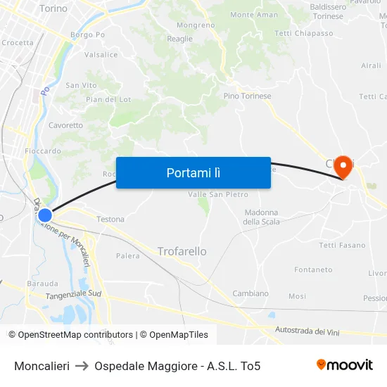 Moncalieri to Ospedale Maggiore - A.S.L. To5 map