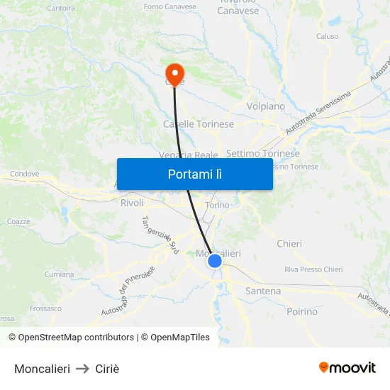 Moncalieri to Ciriè map
