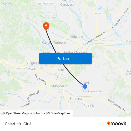 Chieri to Ciriè map