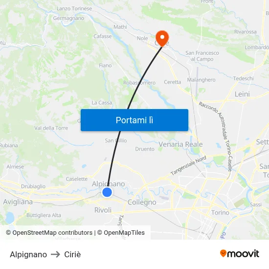 Alpignano to Ciriè map