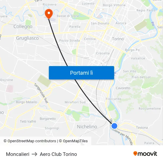 Moncalieri to Aero Club Torino map