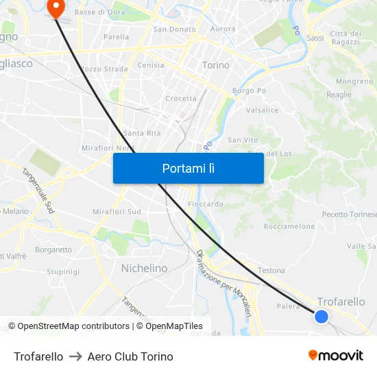 Trofarello to Aero Club Torino map