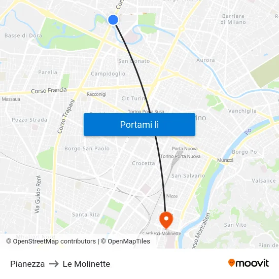 Pianezza to Le Molinette map