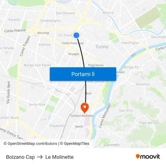 Bolzano Cap to Le Molinette map