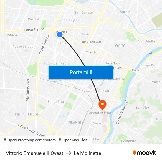 Vittorio Emanuele II Ovest to Le Molinette map