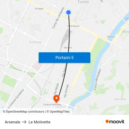 Arsenale to Le Molinette map