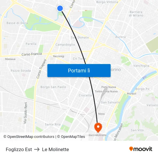 Foglizzo Est to Le Molinette map