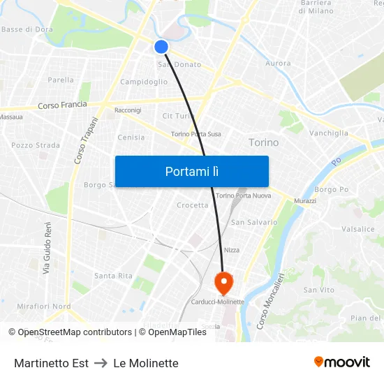 Martinetto Est to Le Molinette map