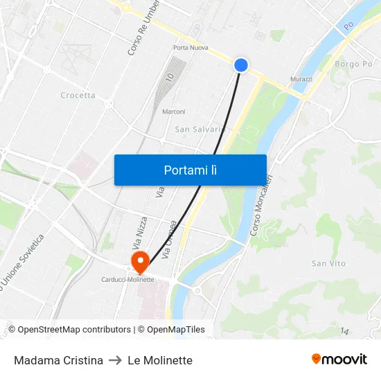 Madama Cristina to Le Molinette map