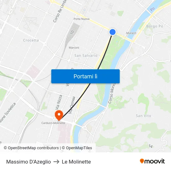 Massimo D'Azeglio to Le Molinette map