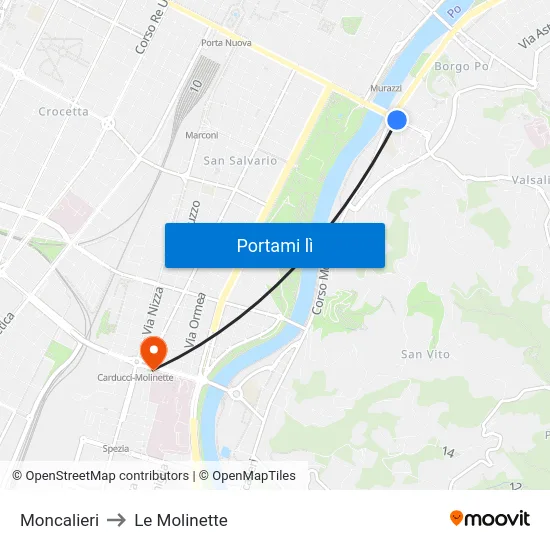 Moncalieri to Le Molinette map