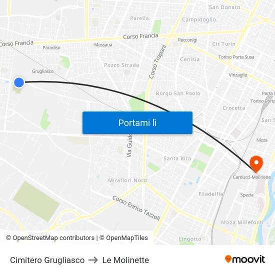Cimitero Grugliasco to Le Molinette map