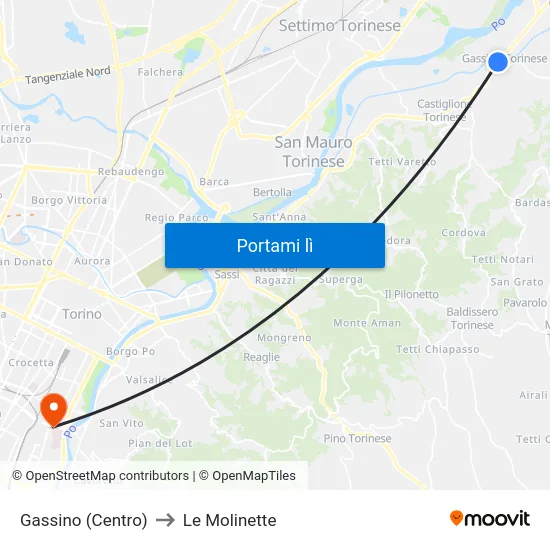 Gassino (Centro) to Le Molinette map