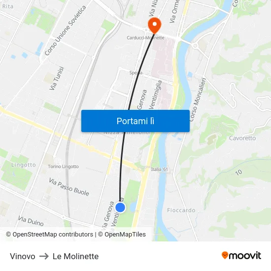 Vinovo to Le Molinette map