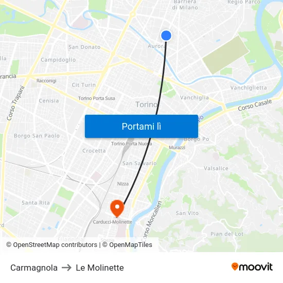 Carmagnola to Le Molinette map