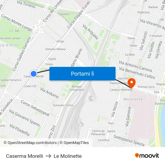 Caserma Morelli to Le Molinette map