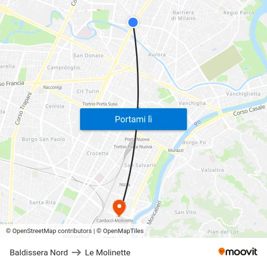 Baldissera Nord to Le Molinette map