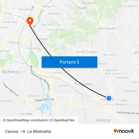 Cavour to Le Molinette map