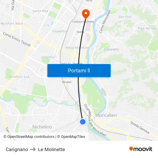 Carignano to Le Molinette map