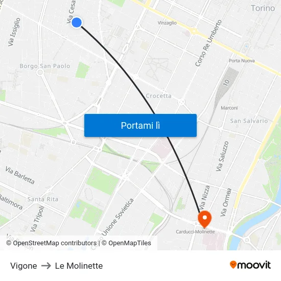 Vigone to Le Molinette map