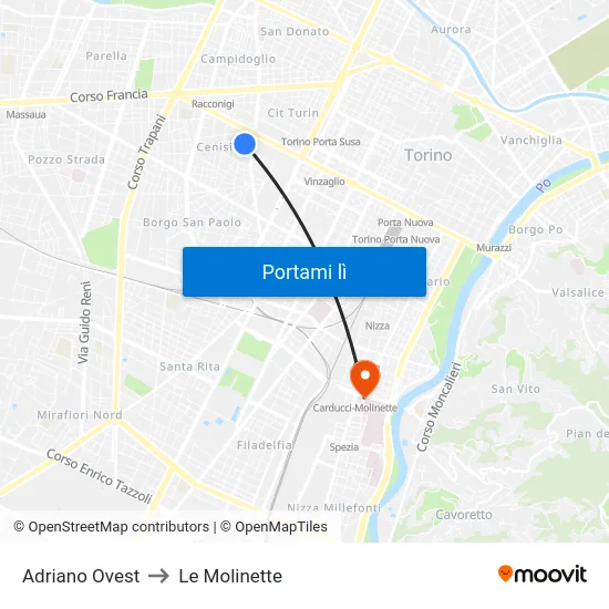 Adriano Ovest to Le Molinette map