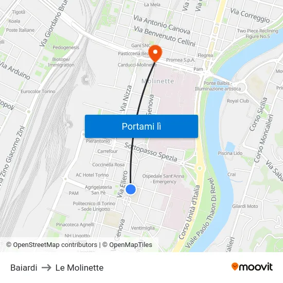 Baiardi to Le Molinette map