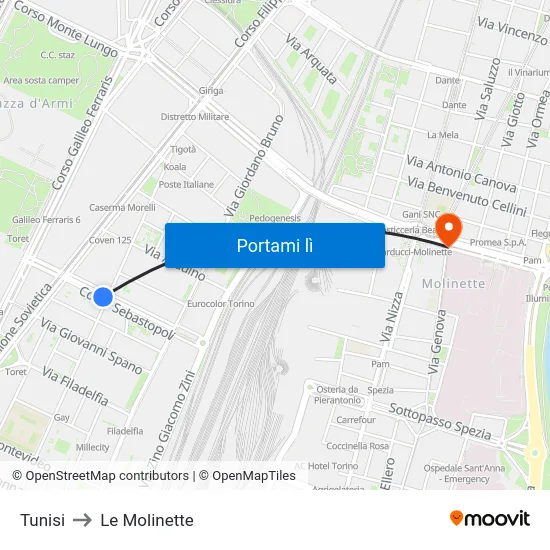 Tunisi to Le Molinette map