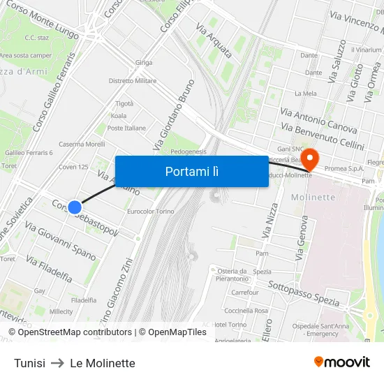 Tunisi to Le Molinette map