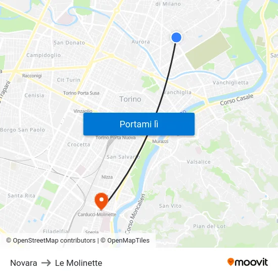 Novara to Le Molinette map