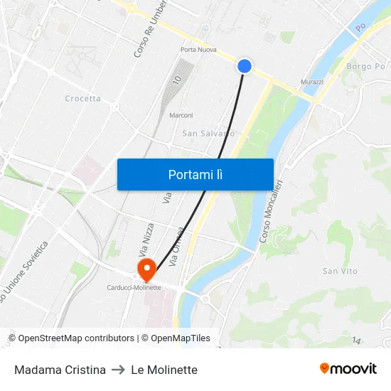 Madama Cristina to Le Molinette map