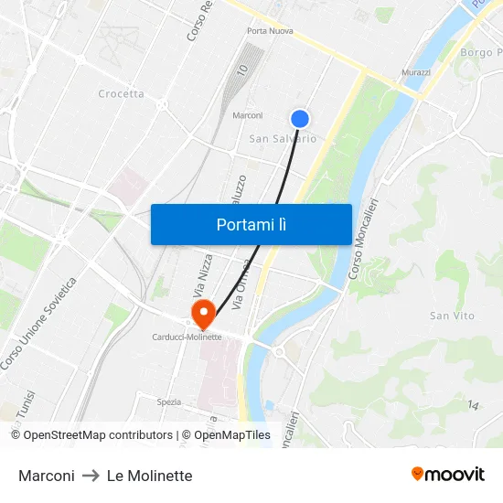 Marconi to Le Molinette map