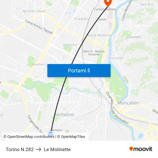 Torino N.282 to Le Molinette map