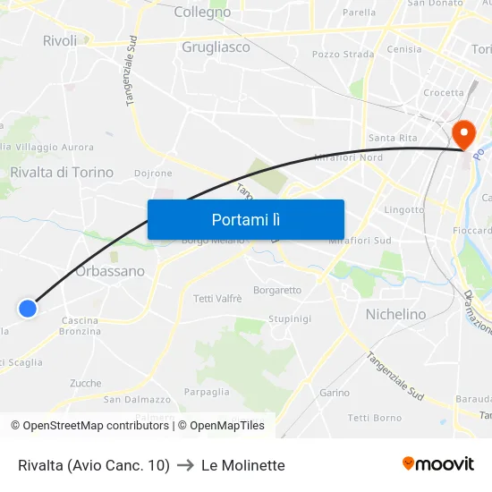 Rivalta (Avio Canc. 10) to Le Molinette map