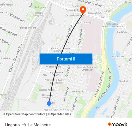 Lingotto to Le Molinette map
