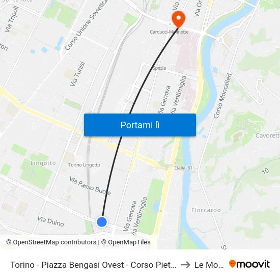 Torino - Piazza Bengasi Ovest - Corso Pietro Maroncelli - Via Canelli to Le Molinette map