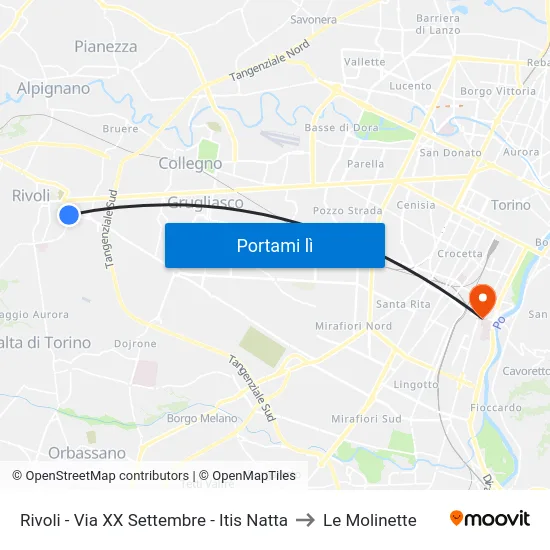Rivoli - Via XX Settembre - Itis Natta to Le Molinette map