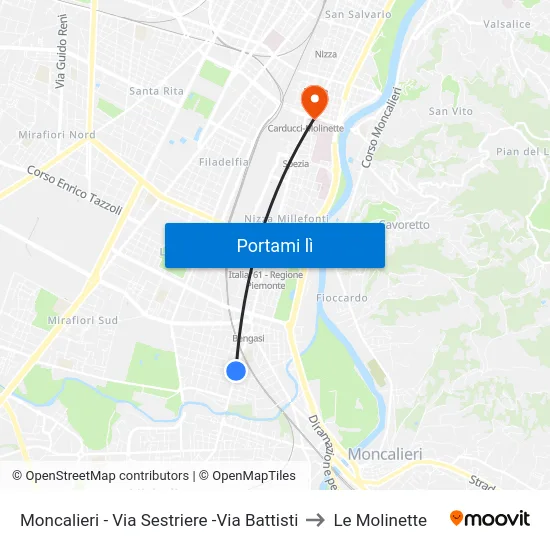 Moncalieri - Via Sestriere -Via Battisti to Le Molinette map