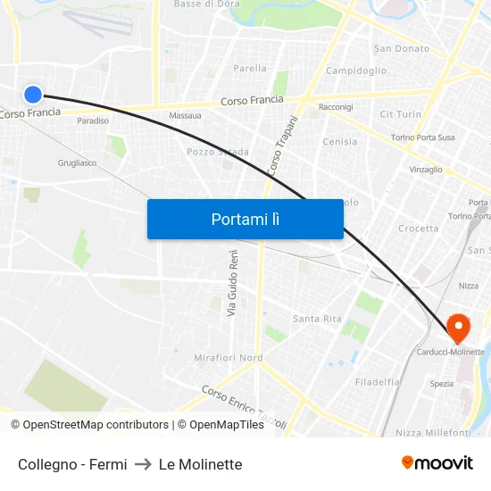 Collegno - Fermi to Le Molinette map
