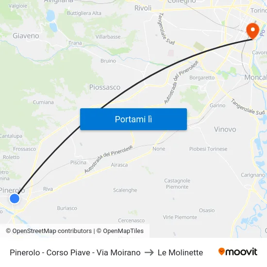 Pinerolo - Corso Piave - Via Moirano to Le Molinette map