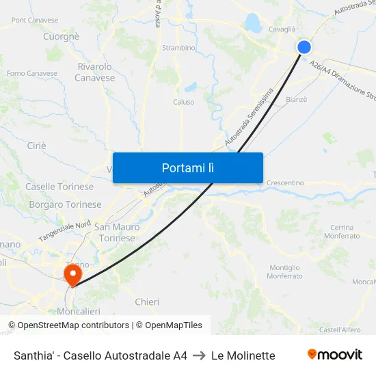 Santhia' - Casello Autostradale A4 to Le Molinette map