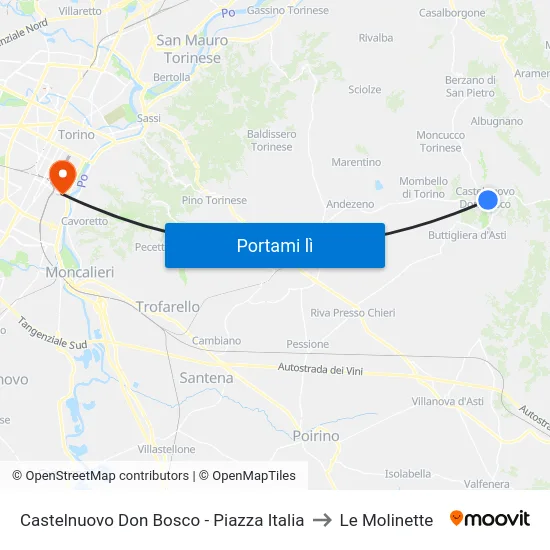 Castelnuovo Don Bosco - Piazza Italia to Le Molinette map
