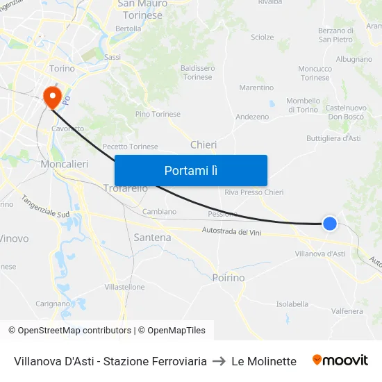 Villanova D'Asti - Stazione Ferroviaria to Le Molinette map
