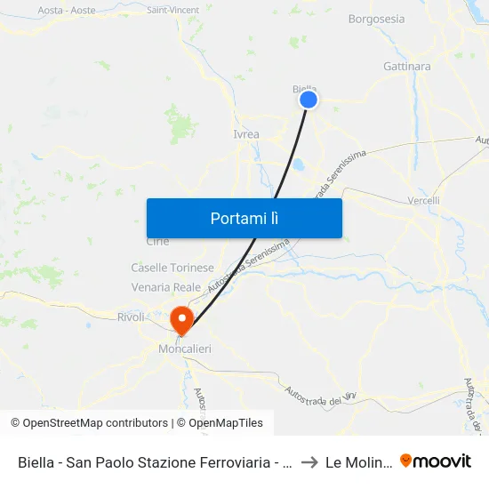 Biella - San Paolo Stazione Ferroviaria - Movicentro to Le Molinette map